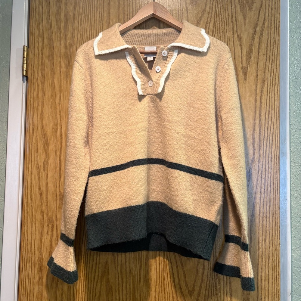 Maeve Scalloped Collar Camel and Hunter Green Sweater size M